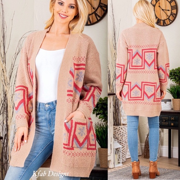 B29S🤎💗Luxury look+feel tan Southwest print cardigan w/pink +blue trim details - Picture 12 of 13